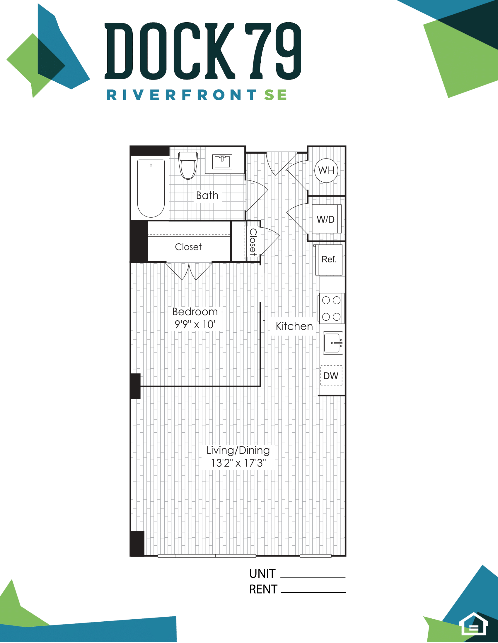 Floor plan for studio, 1 bath, 602 sqft